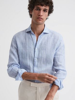 Blue Stripe Ruban                     Linen Long Sleeve Shirt
